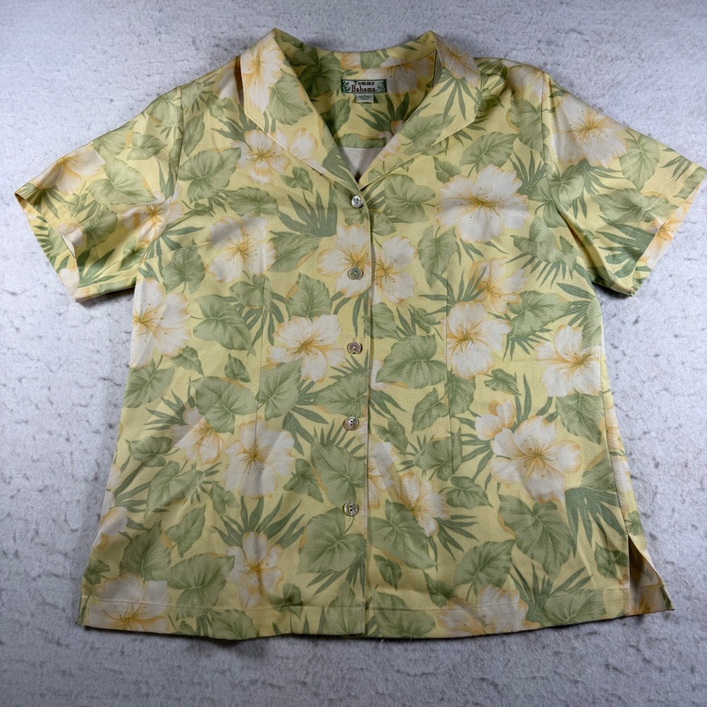 Tommy Bahama Womens Silk Floral Camp Shirt Yellow Tropical Short Sleeve Blouse L